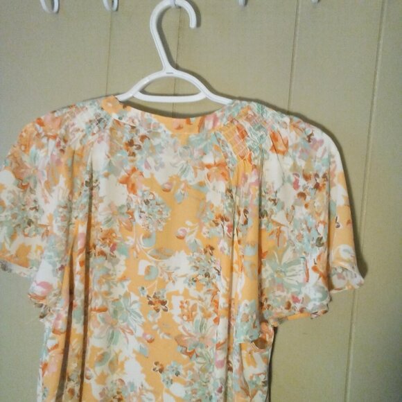 Rose & Olive Blouse Women L Short Sleeve Button Up Feminine Floral Orange Green - Picture 11 of 13
